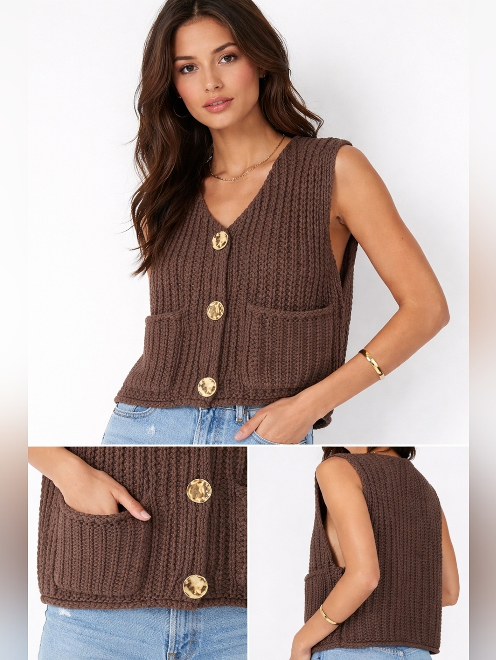 Nwt Chunky Knit Sleeveless Vest Chocolate Brown Cardigan w/ Large Gold Buttons